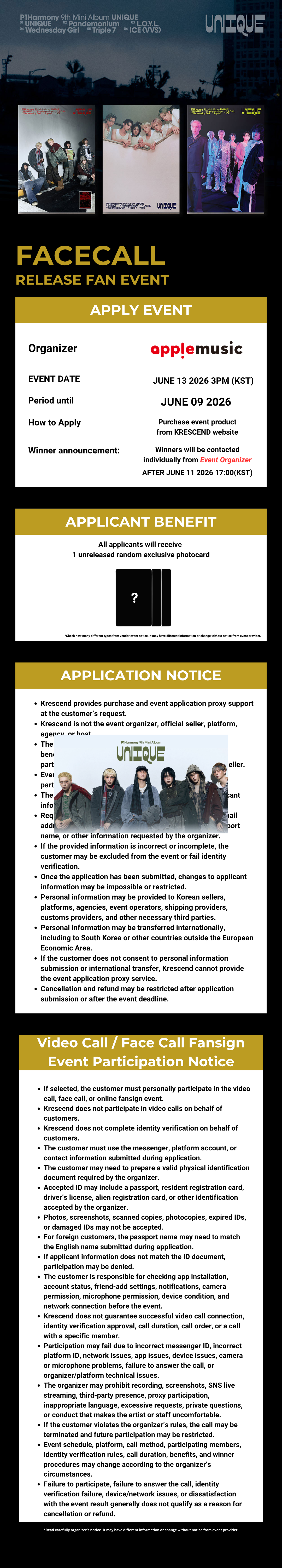 [Keeho] P1HARMONY - Unique (Mini 9th) [Photobook Ver.] [RANDOM] [APPLE MUSIC] [LuckyDraw] [Facecall]