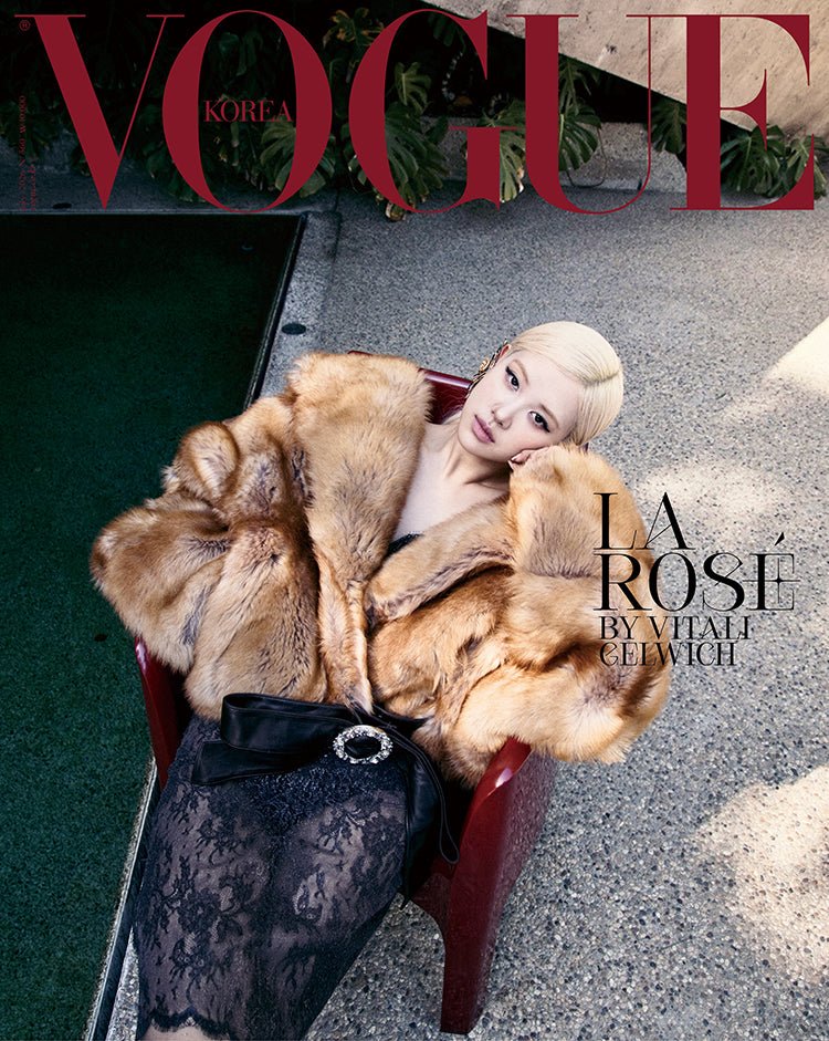 Vogue Korea magazine cover with ablack pink rose wearing a fur coat and black lace outfit.