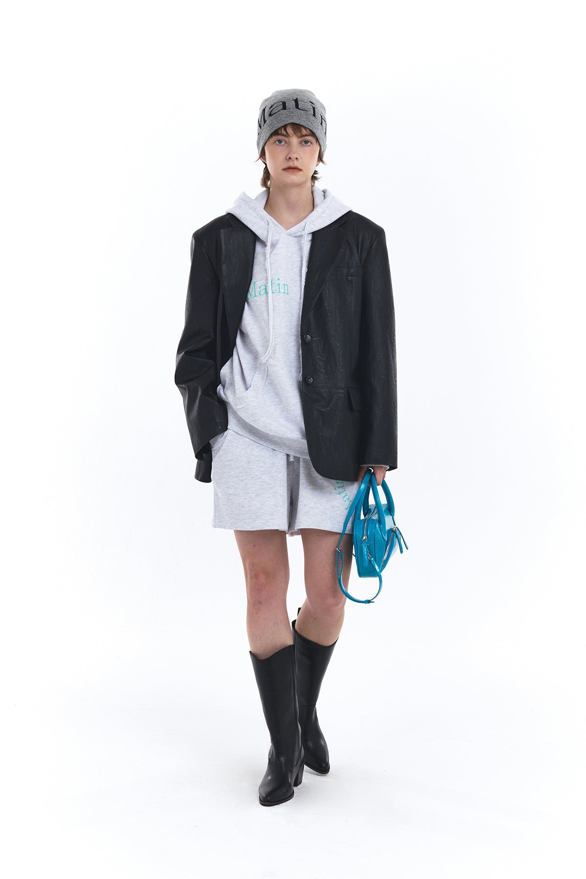 MATIN KIM - logo jacquard short beanie in grey 16