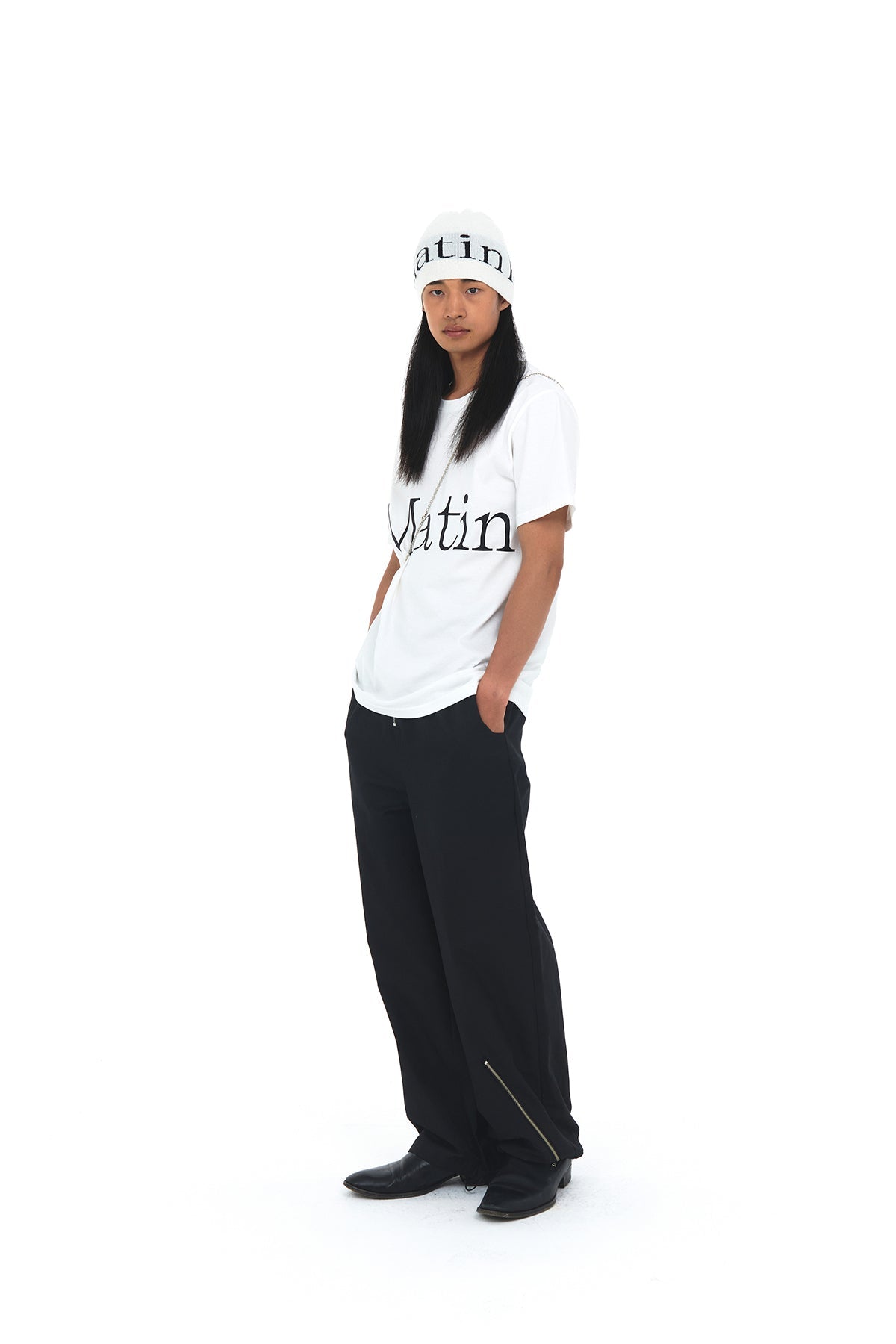 MATIN KIM - logo jacquard short beanie in white 17