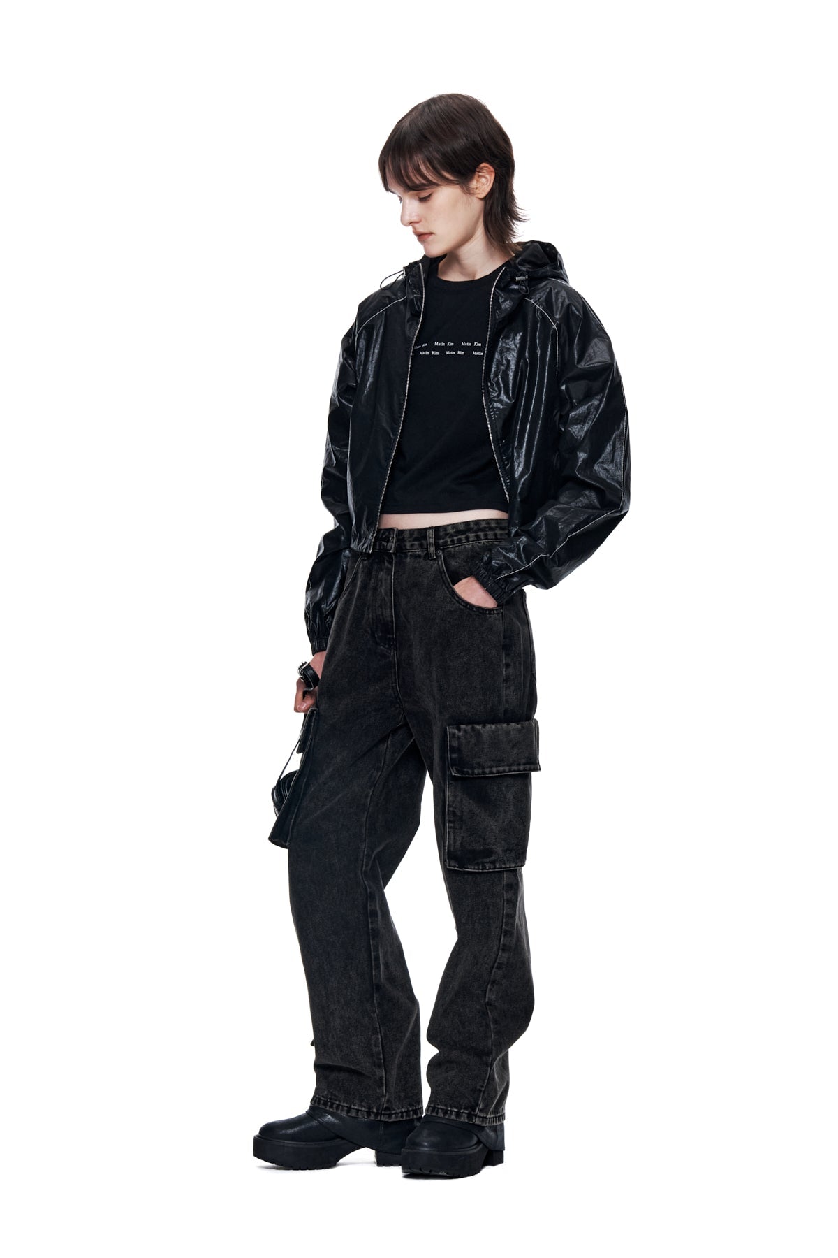 MATIN KIM - matin crop hoody coating jumper in black 9