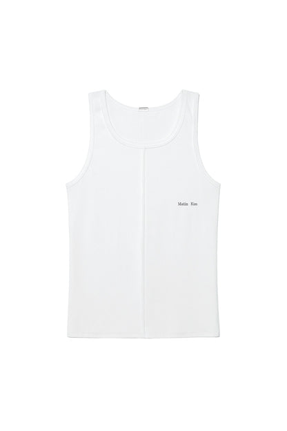 MATIN KIM - small logo pintuck sleeveless top for men in white 1